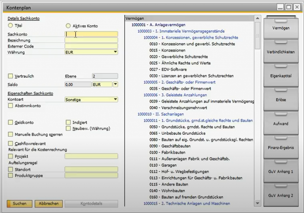 Darstellung des Kontenplans in SAP Business One Finanzwesen