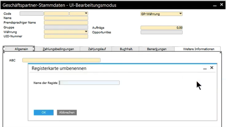 SAP Business One Registerkarte unbenennen